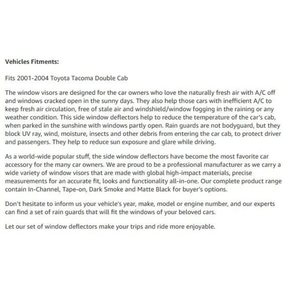 2001-2004 Toyota Tacoma Crew Cab, Vent Visor, Shade Rain Guard Window Visor(NEW) - Picture 6 of 6